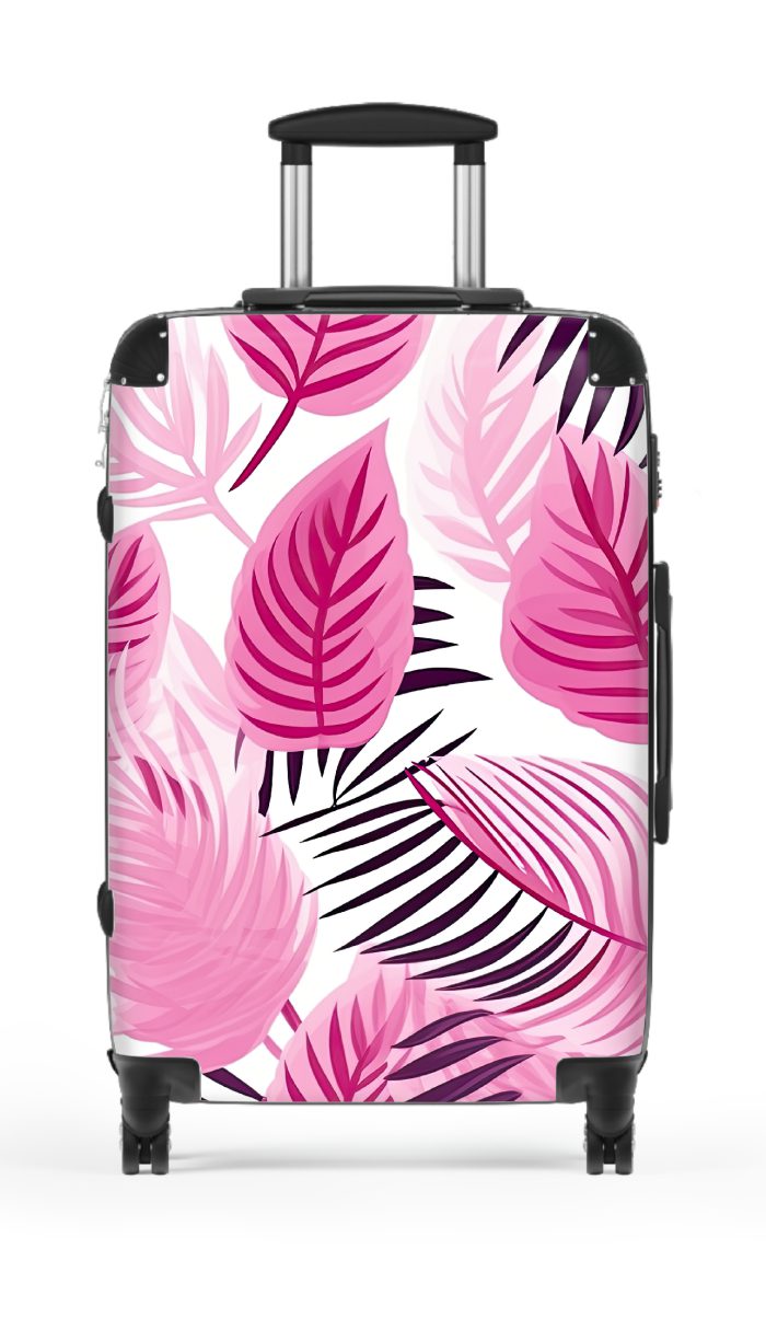 Pink Tropical Leaves Suitcase, a fusion of style and durability for the modern explorer. Adorned with pink tropical foliage, it radiates elegance on every journey.