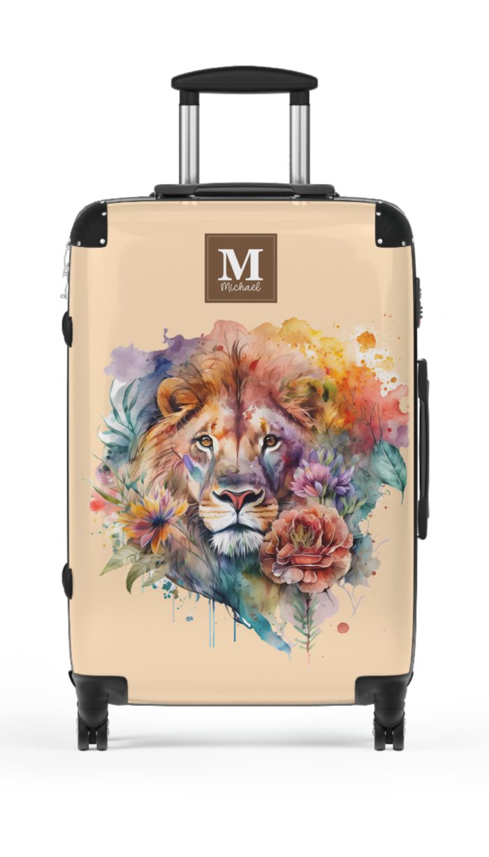 Floral Lion Custom Suitcase - Roar with elegance and personalize your journey with a captivating floral lion design, a perfect blend of strength and blossoms.